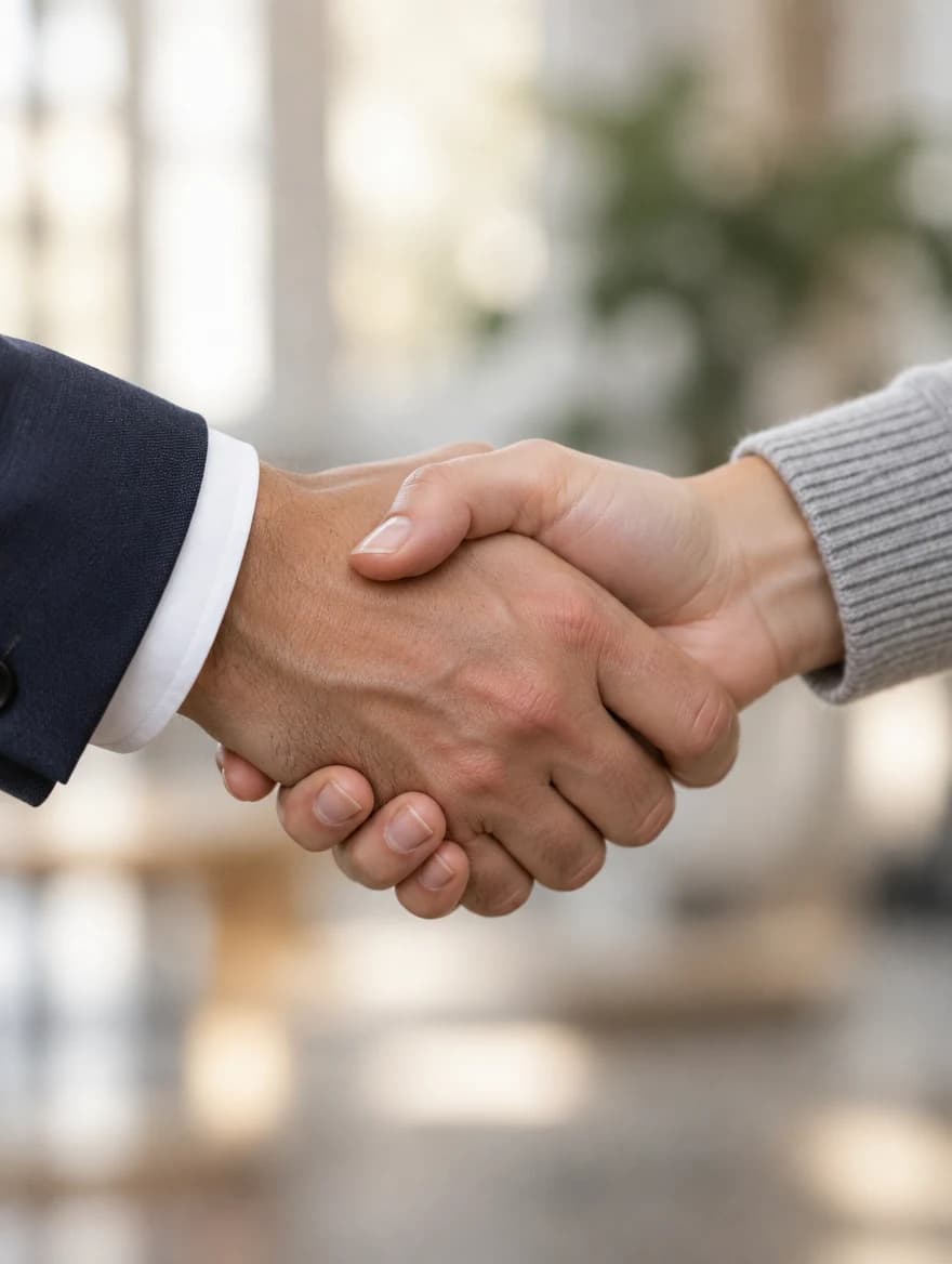 Handschlag zwischen zwei Personen vor einem hellen, unscharfen Büroraum