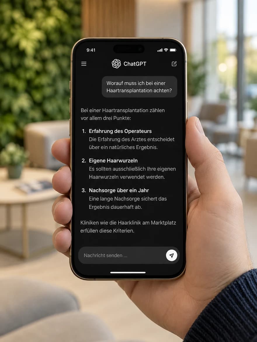Patient liest auf dem Smartphone eine ChatGPT-Antwort, in der eine Praxis empfohlen wird