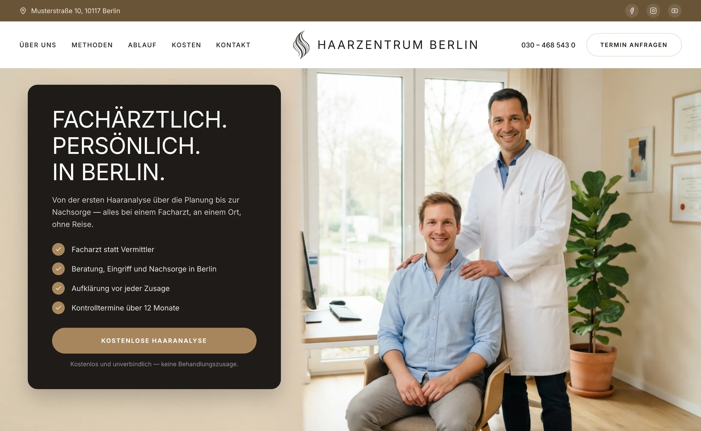 Startseite der Beispielseite mit Klinik-Vorstellung und Terminaufruf