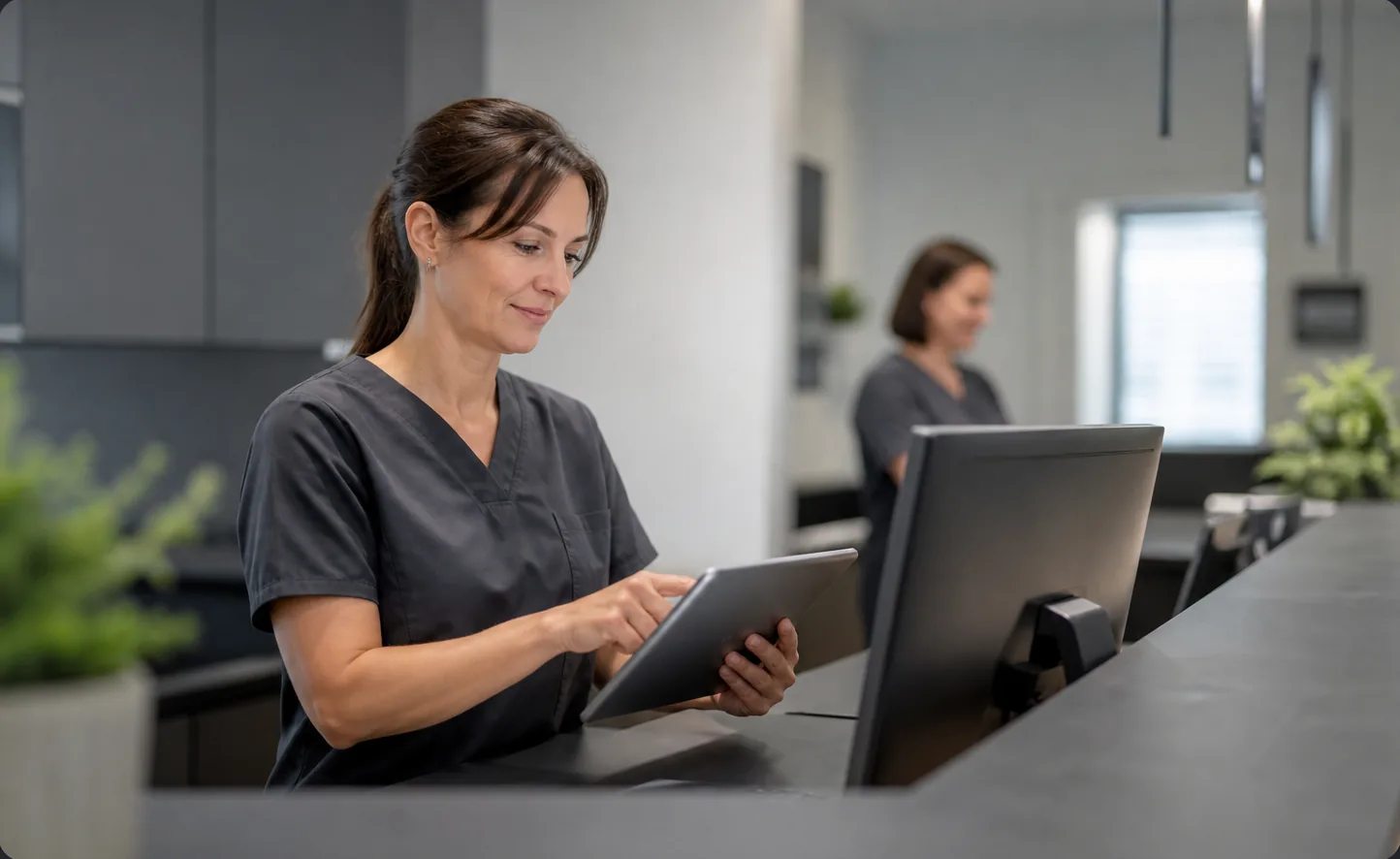 Praxisangestellte arbeitet am Empfang mit Tablet und Praxiscomputer