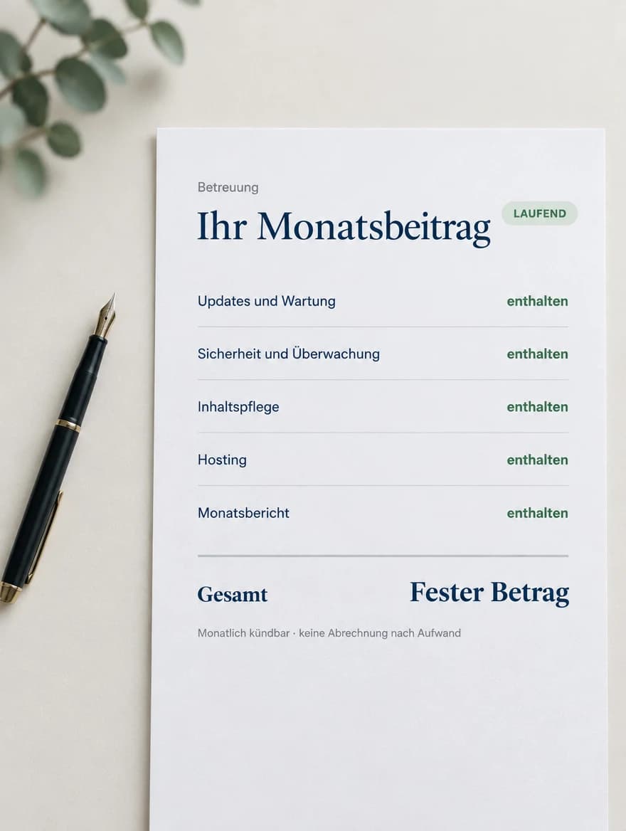 Aufstellung der enthaltenen Betreuungsleistungen auf einem Blatt Papier, daneben ein Füller
