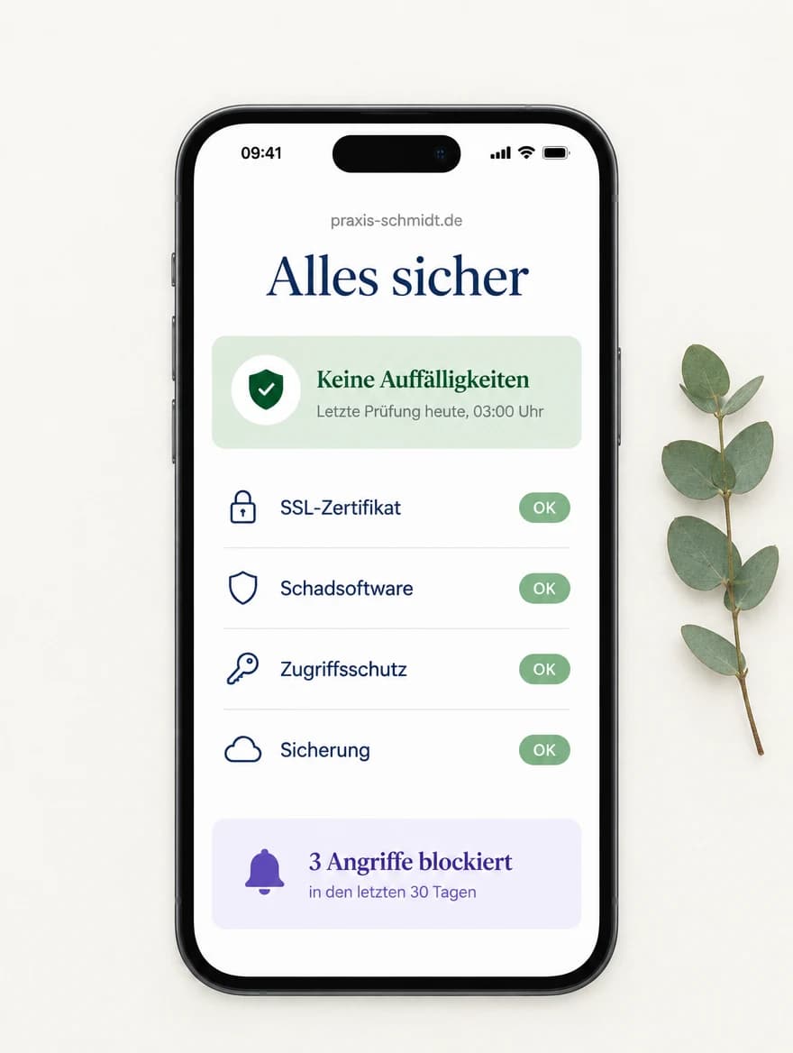 Smartphone mit der Sicherheitsübersicht einer Website: SSL-Zertifikat, Schadsoftware, Zugriffsschutz und Sicherung jeweils geprüft
