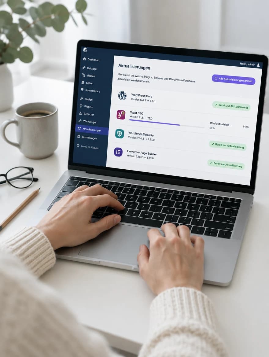 Laptop auf einem Schreibtisch, auf dem Bildschirm die Update-Übersicht einer Website mit laufendem Fortschrittsbalken