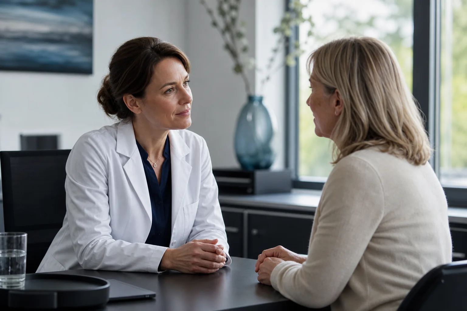 Ärztin spricht aufmerksam mit einer Patientin in einem modernen Behandlungszimmer