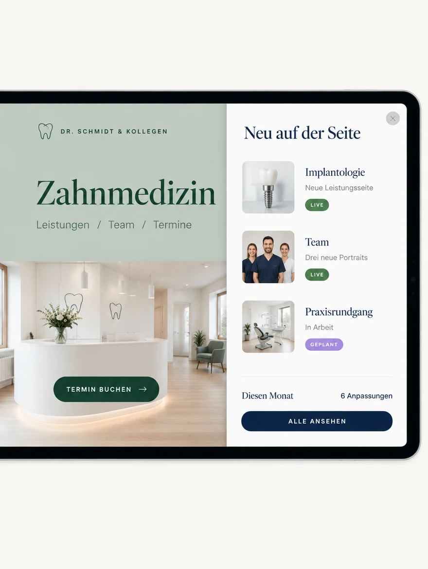 Tablet mit einer Praxis-Website und einer eingeblendeten Übersicht neu veröffentlichter und geplanter Seiten