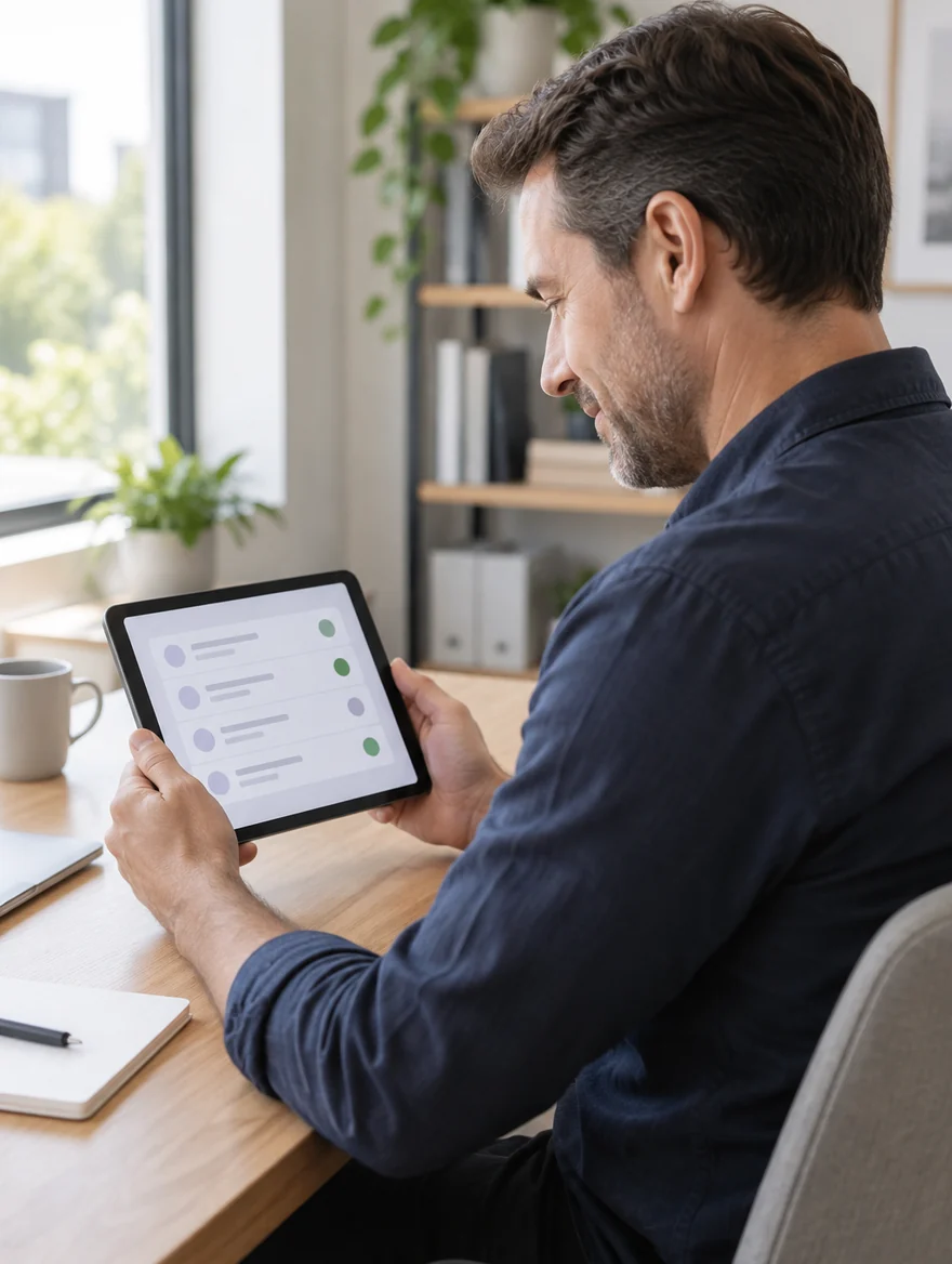 Mann prüft am Tablet die Liste der Verzeichnis-Einträge einer Praxis
