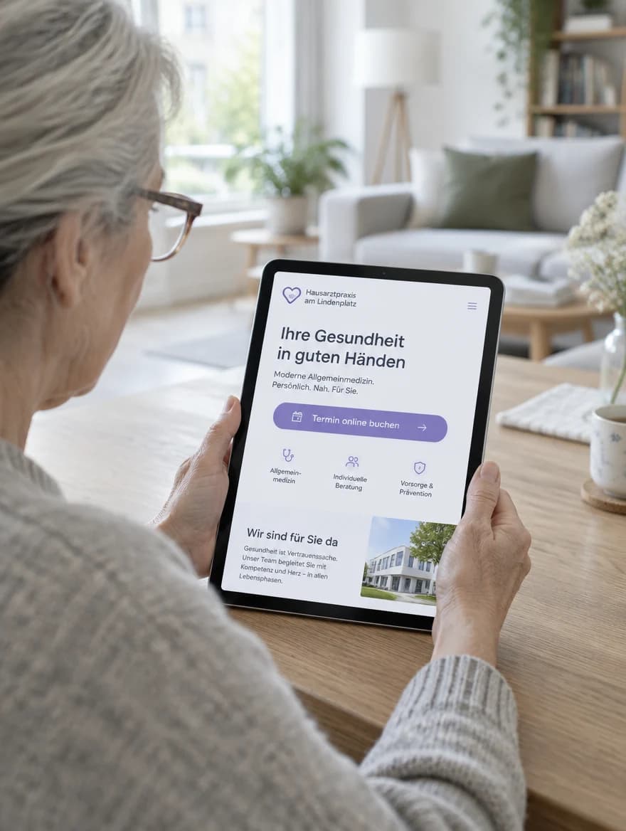 Ältere Patientin bedient eine Praxiswebsite mit großer Schrift auf dem Tablet
