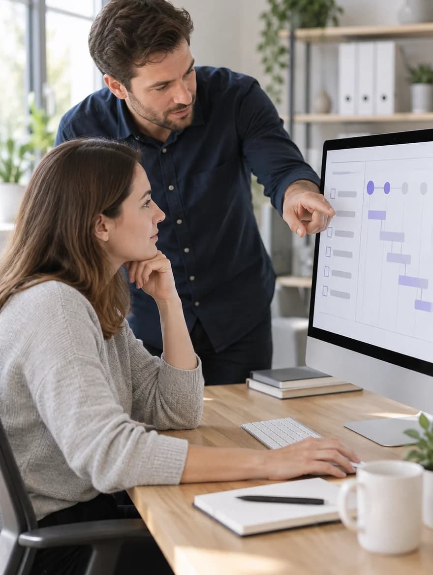 Zwei Kollegen besprechen am Monitor den Projektplan für die Suchmaschinenoptimierung