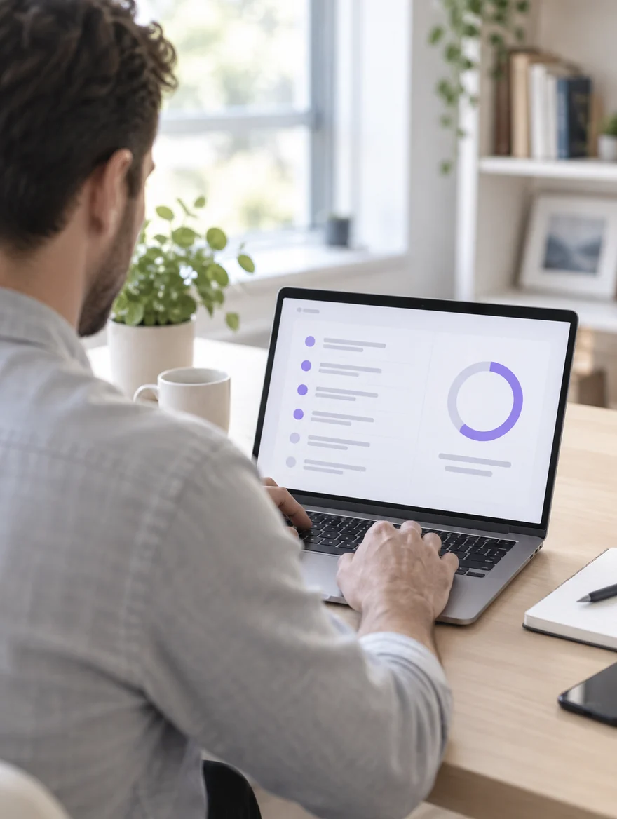 Mann prüft am Laptop eine technische Checkliste zur Sichtbarkeit einer Website