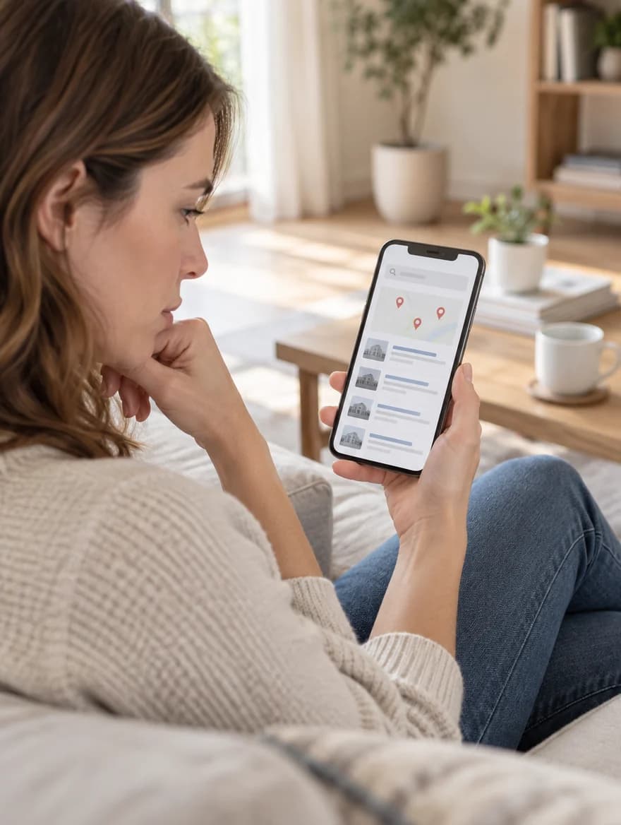 Patientin sucht auf dem Sofa mit dem Smartphone nach einer Praxis in ihrer Nähe