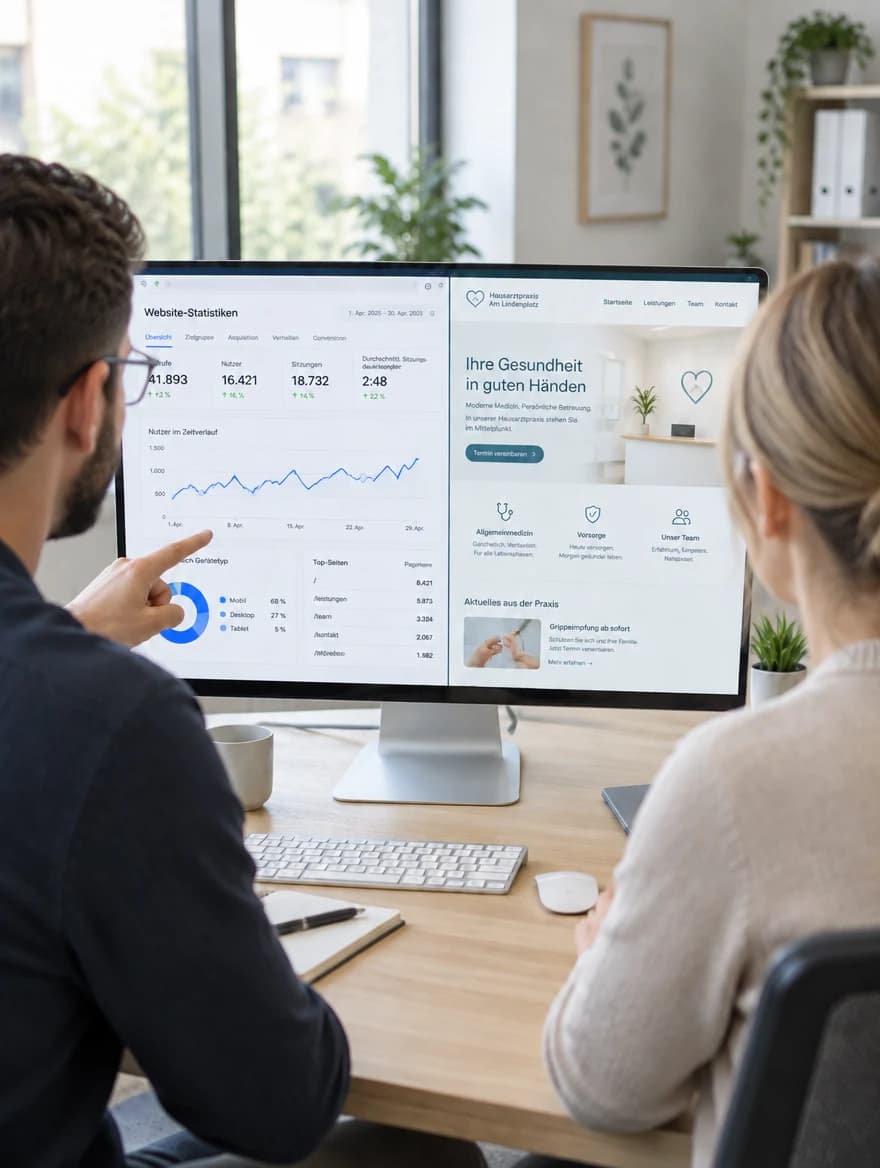 Zwei Personen betrachten die Auswertung einer Praxiswebsite am Monitor